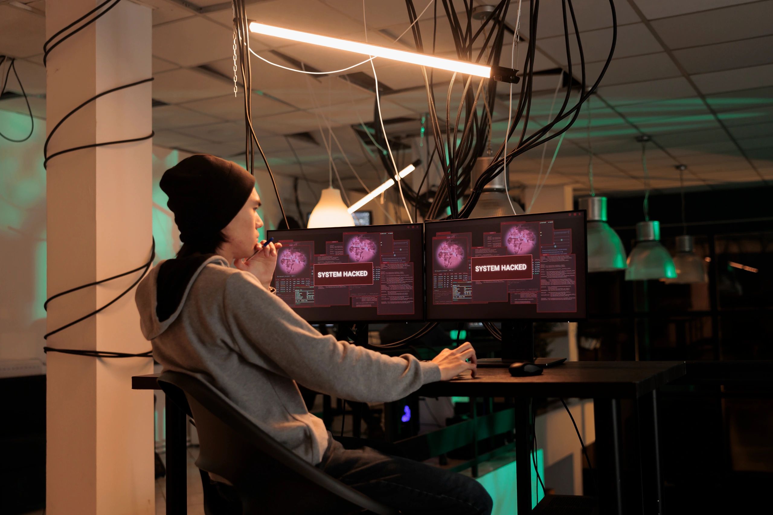 Cybersecurity analyst responding to a ransomware alert on computer screens