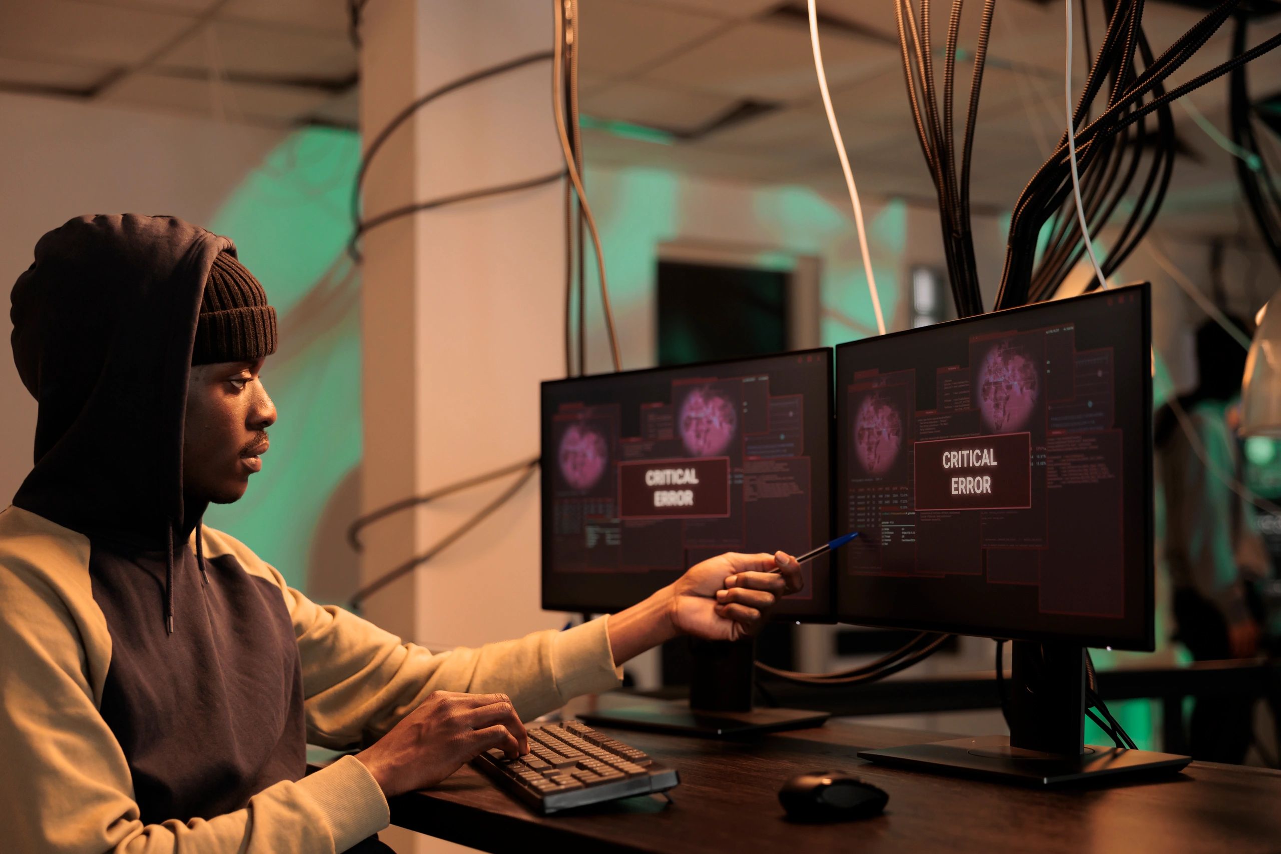 Cyber attacker working at multiple monitors in a dark room