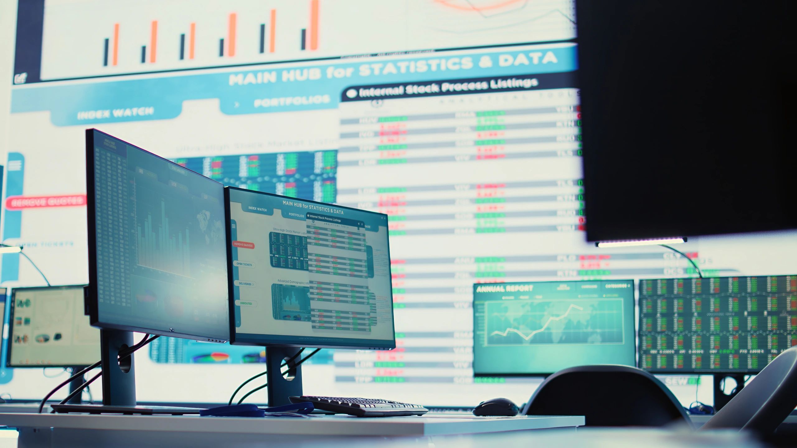 Modern office boardroom with large screen showing business infographics